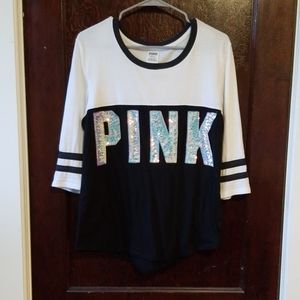 VS Pink Bling 3/4 Sleeve Black Sequin Tee